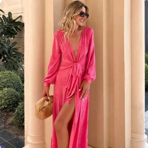 Zara Dresses & Skirts - Zara pink NWT  Floral Jacquard Midi Maxi Knotted Wrap Dress Blogger Fav